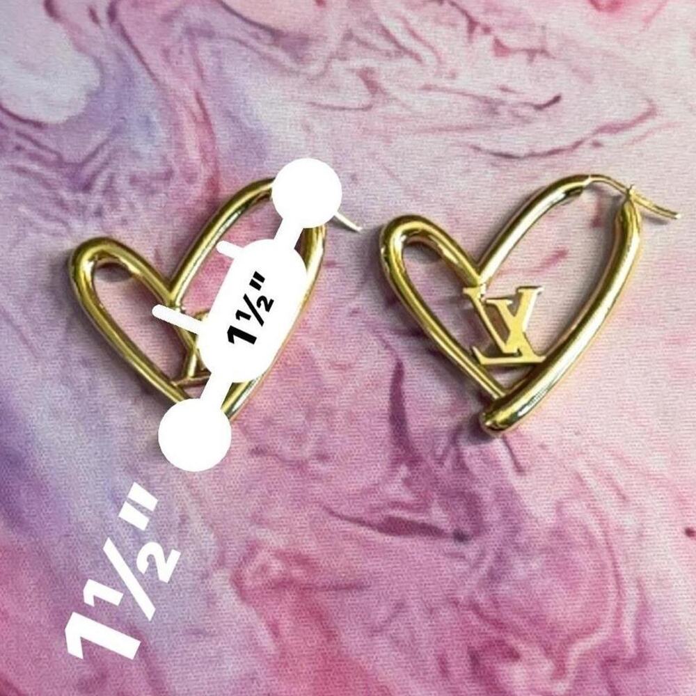 Louis Vuitton "Fall in Love" Brass Gold Heart LV Hoop Earrings Kawaii Romantic - Picture 3 of 5